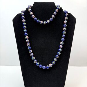 Vintage Cloisonne Bead Necklace Floral Design Cobalt Blue Gold Tone Clasp 16 in